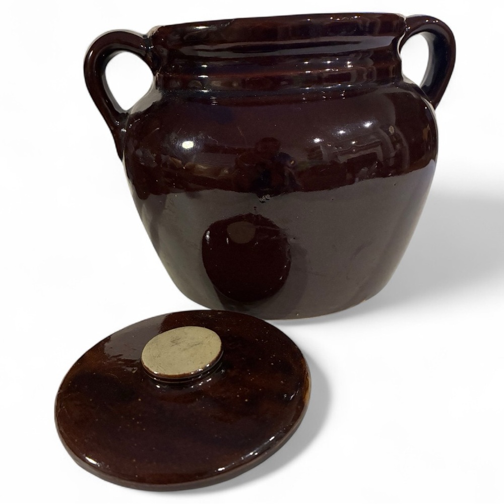 USA Pottery VTG Brown Glaze Bean Pot W/ Lid  Ceramic Soup Tureen Loop Handles